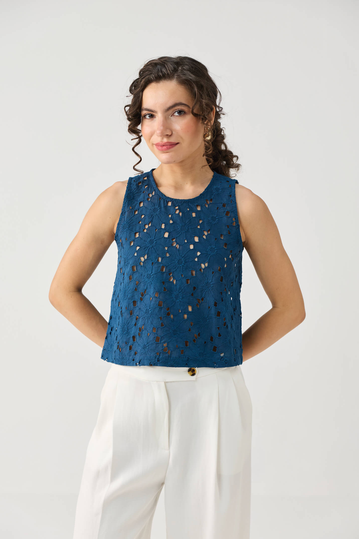 The Embroidered Button Back Top in Blue
