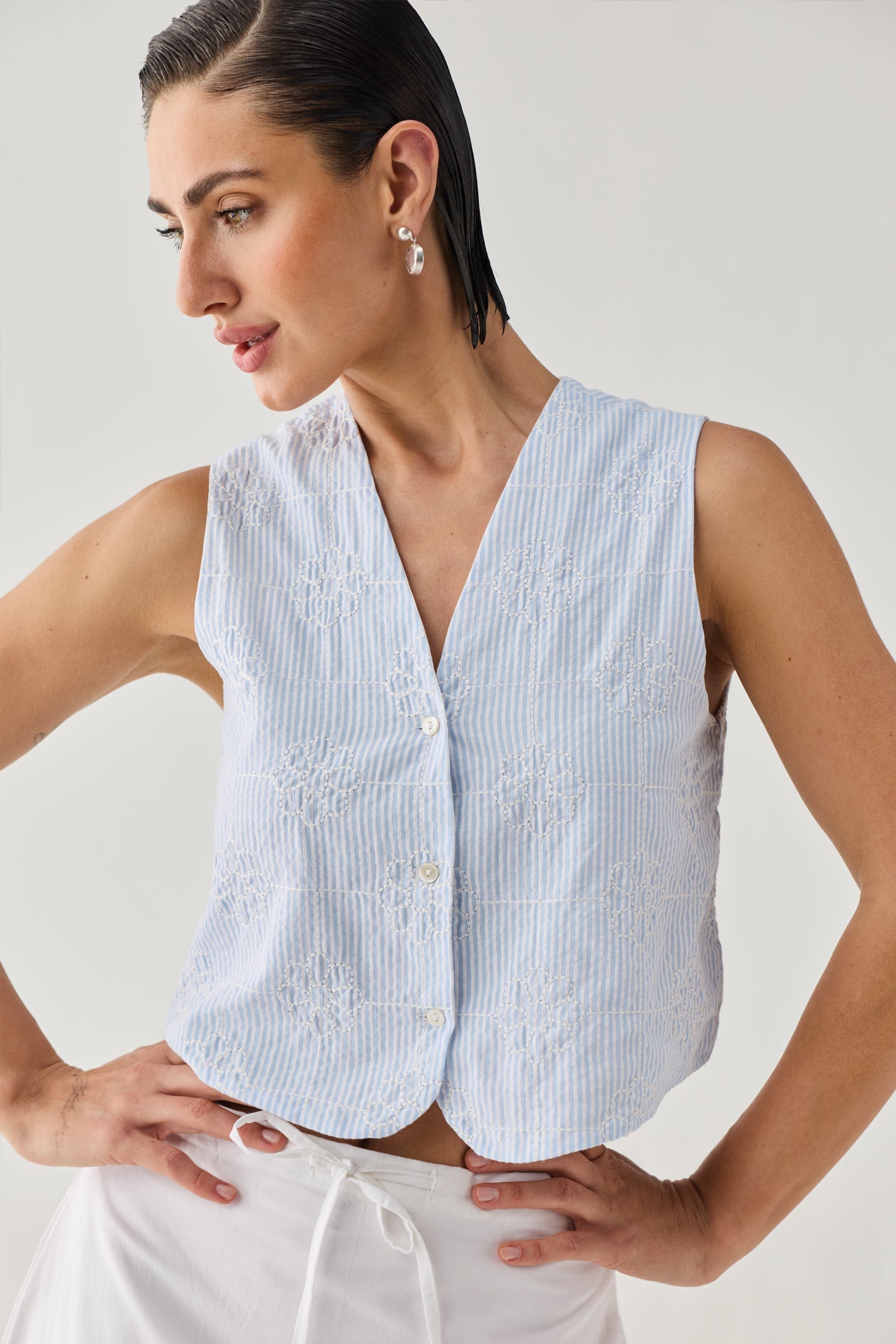 Embroidered Sleeveless Vest Top in Blue Stripe