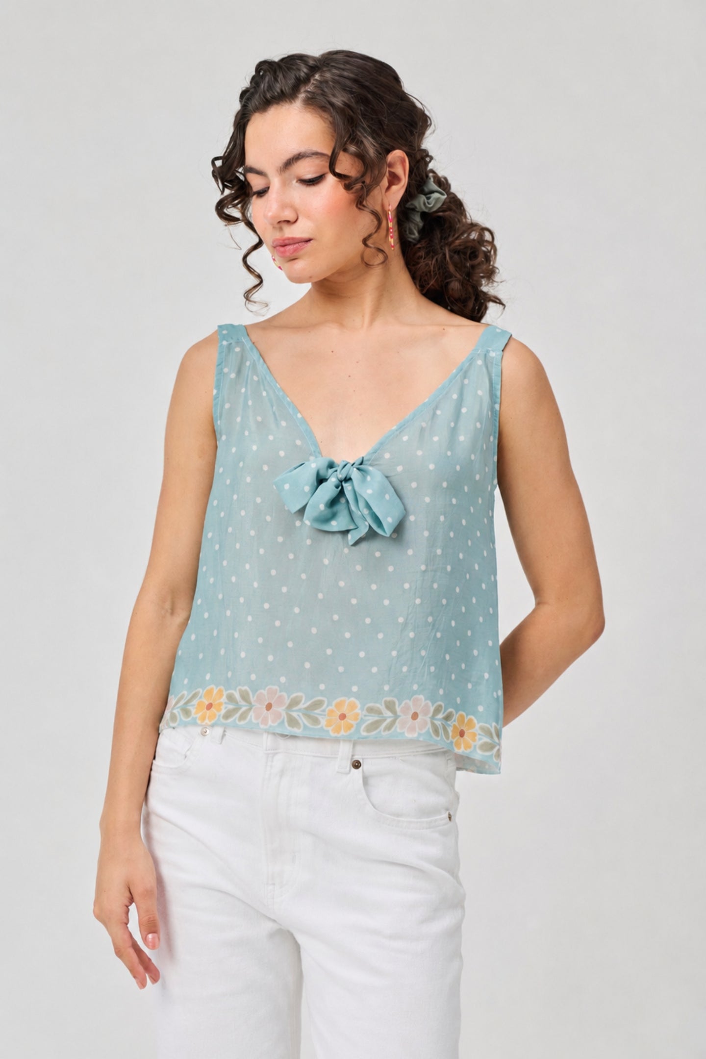 Deep V-Neck Polka Dot Top with Bow Detail