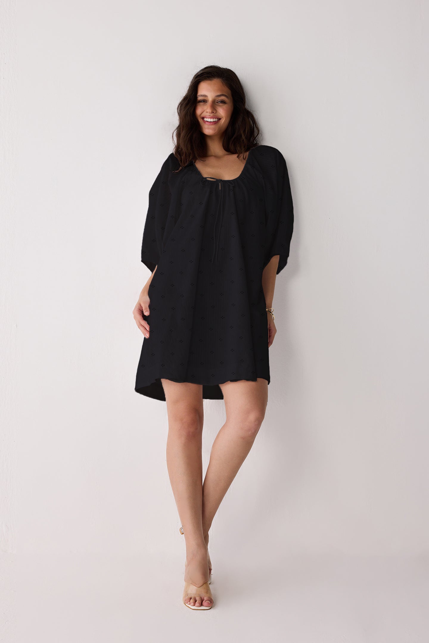 Puff Sleeved Dress with Drawstring Neckline in Black