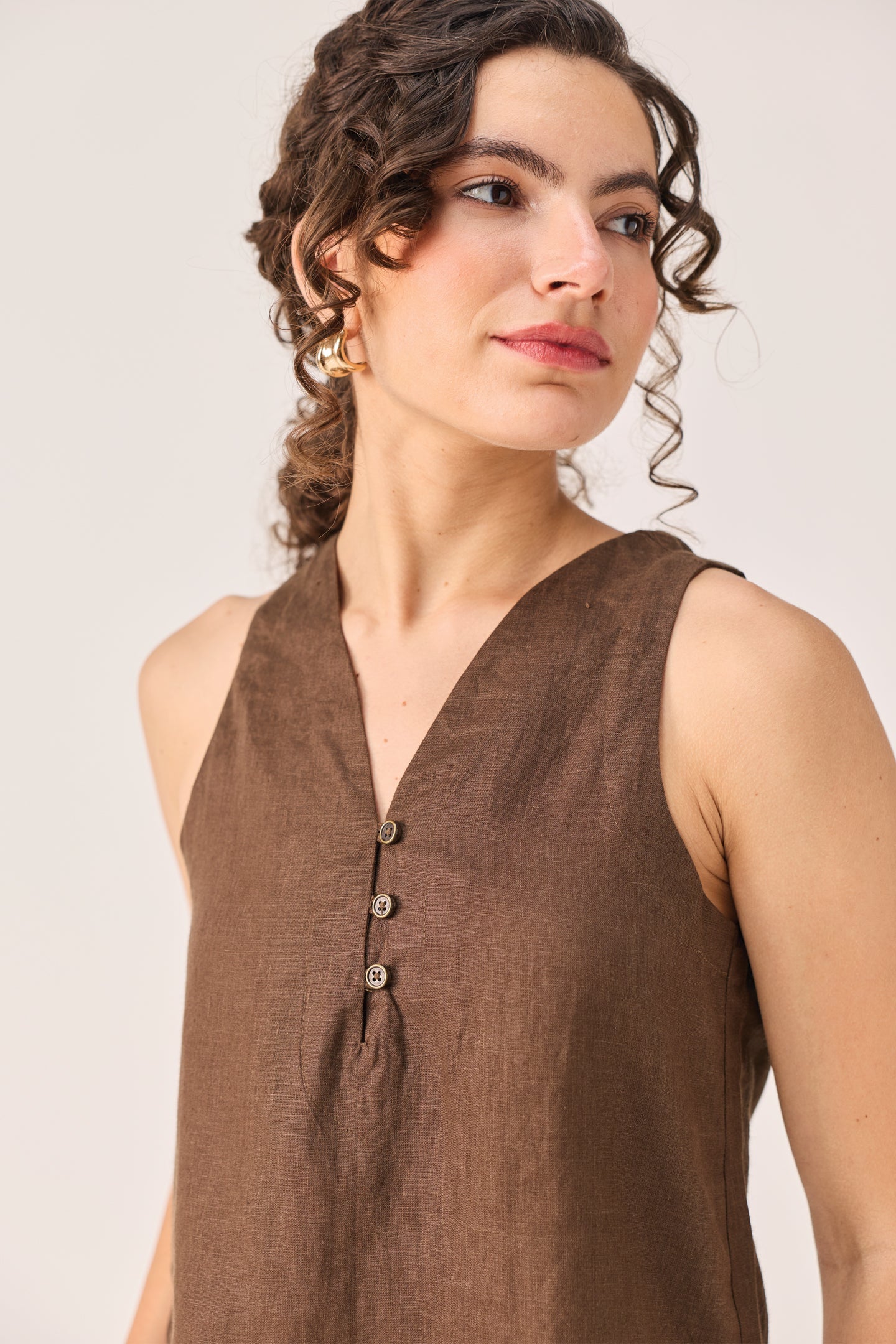 The Button Neck Top in Brown