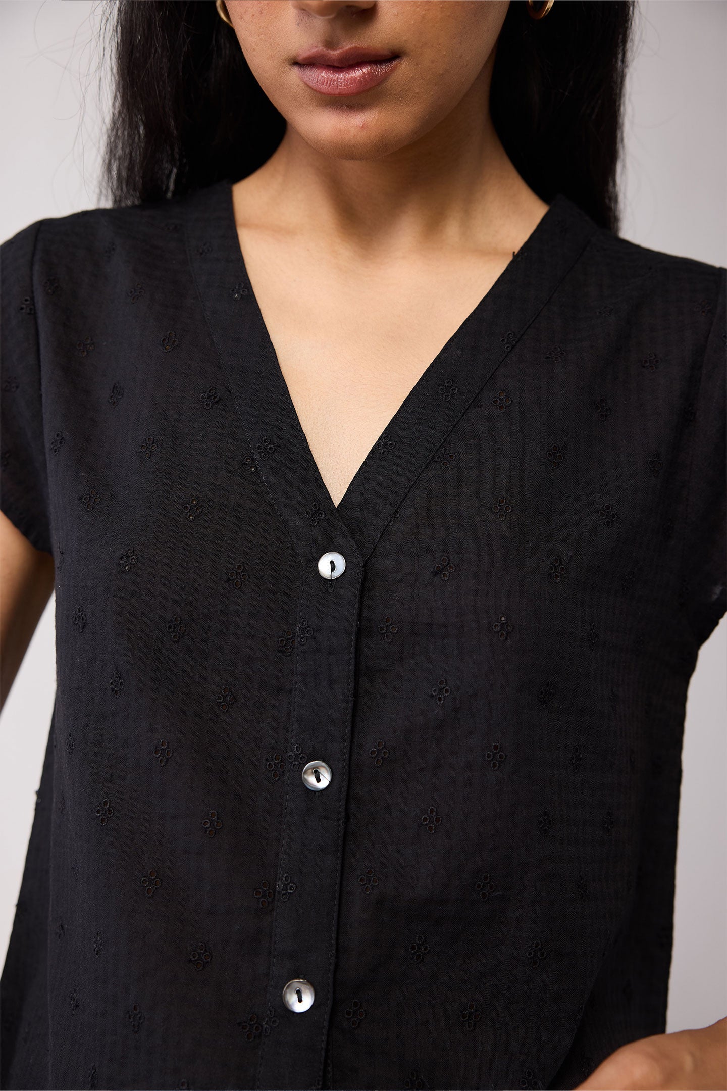 V-Neck Embroidered Top with Front Buttons in Black