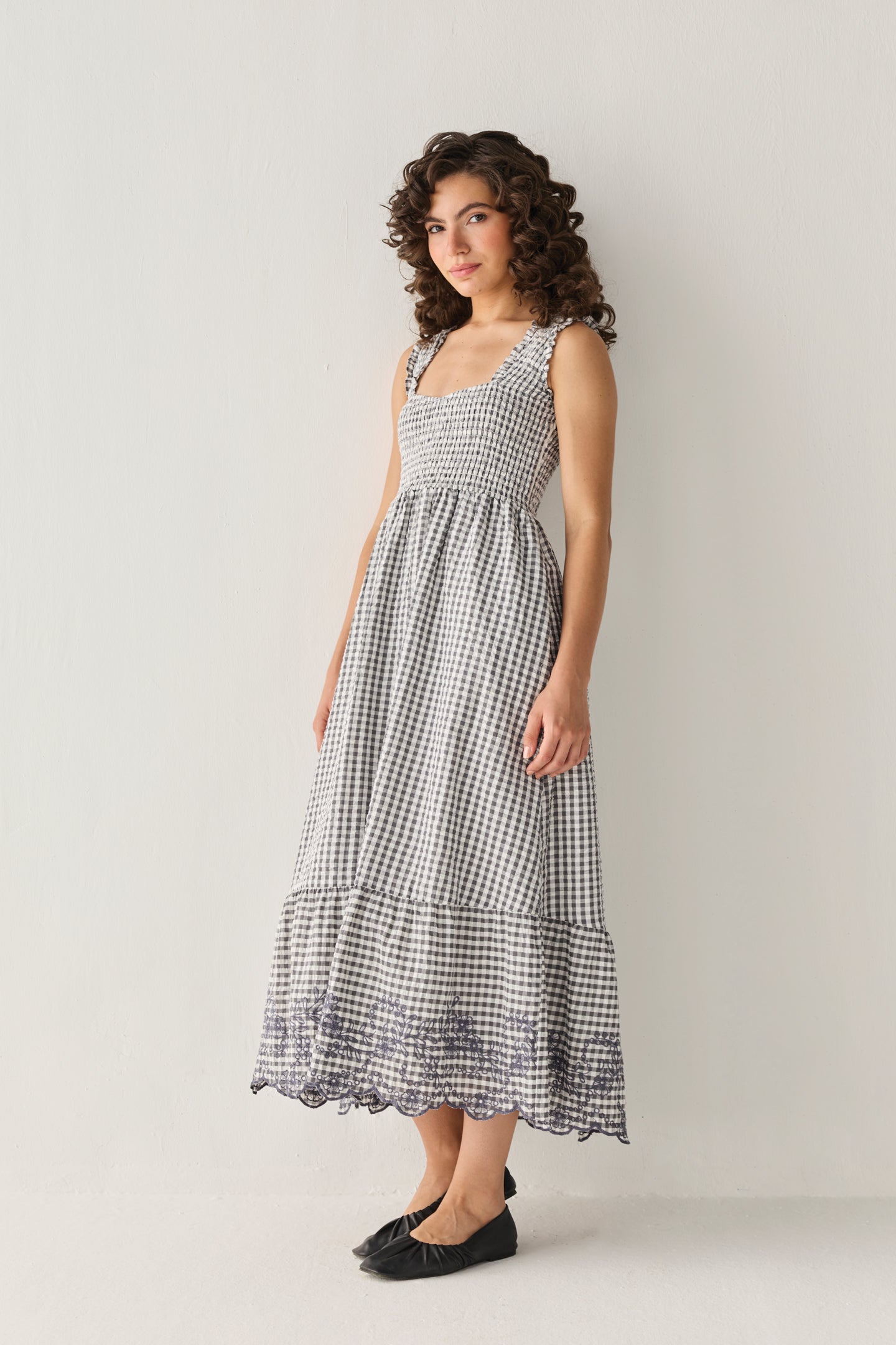 The Smocked Maxi Dress in Grey Check