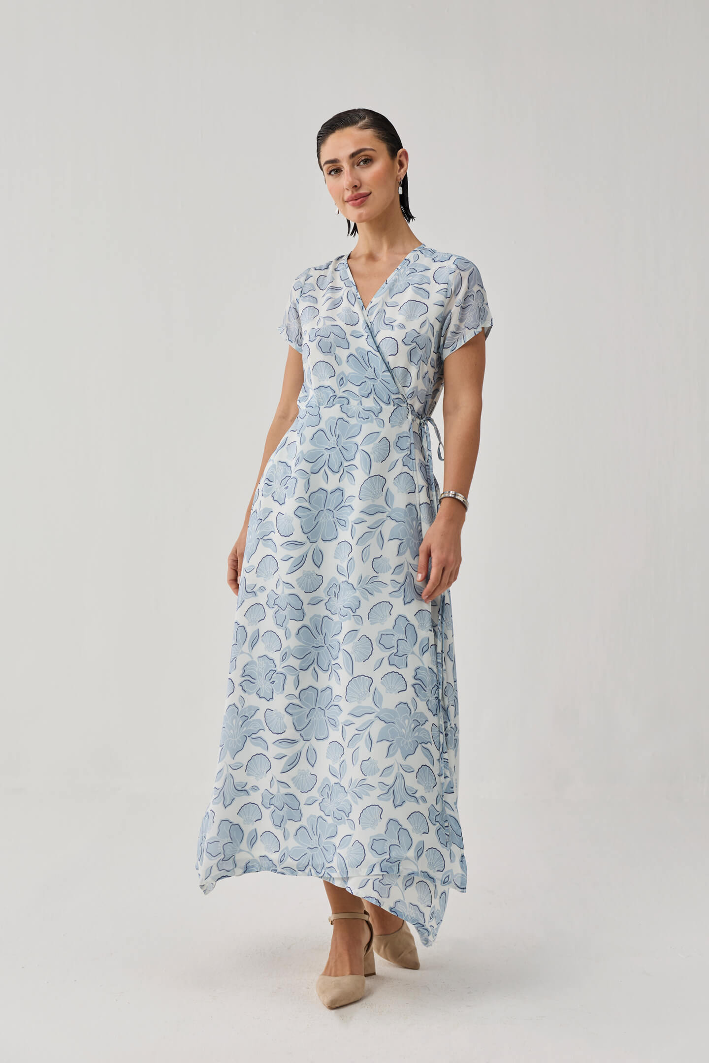 Maxi Wrap Dress in Soft Blue Florals