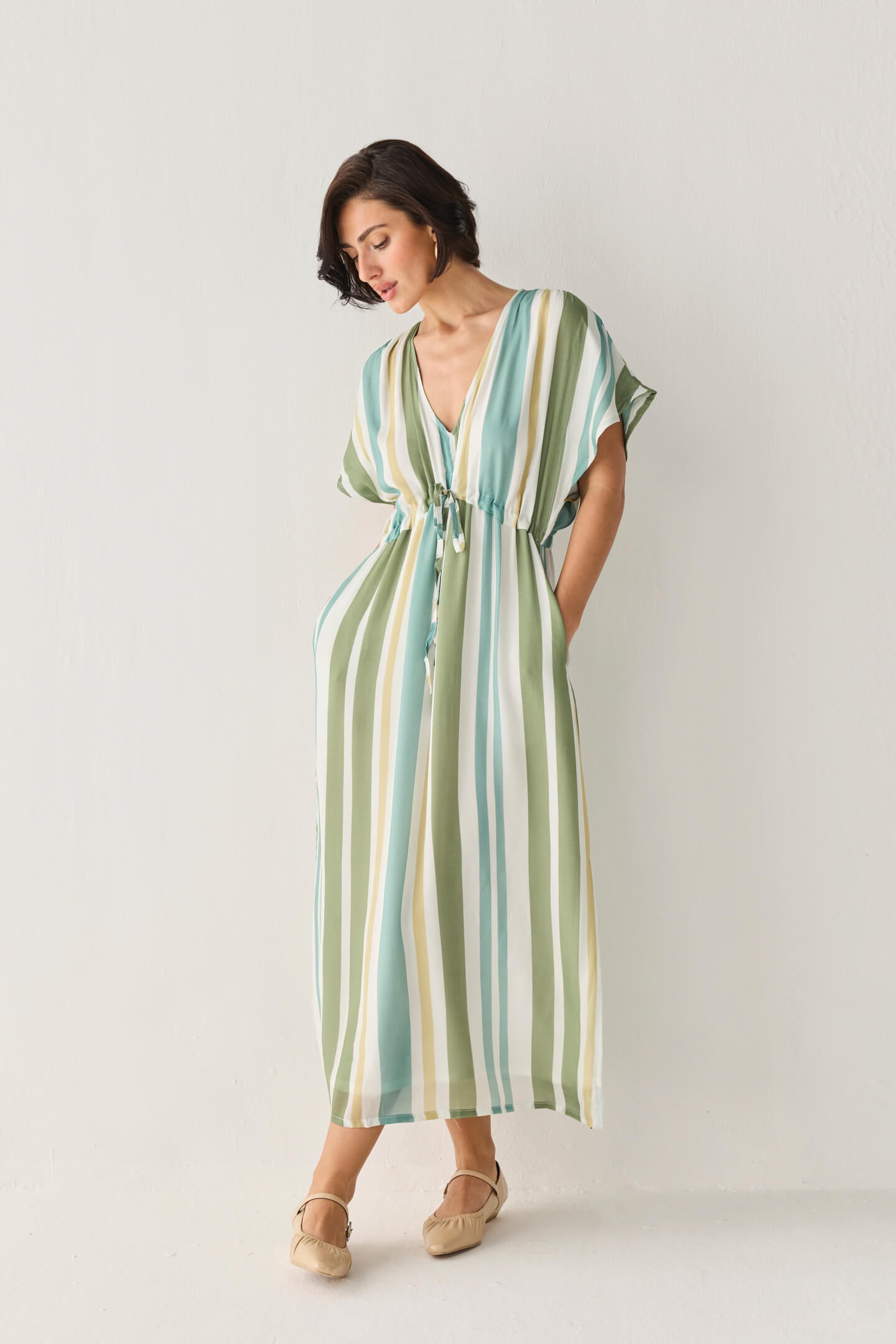 Gathered Maxi Dress in Stripes