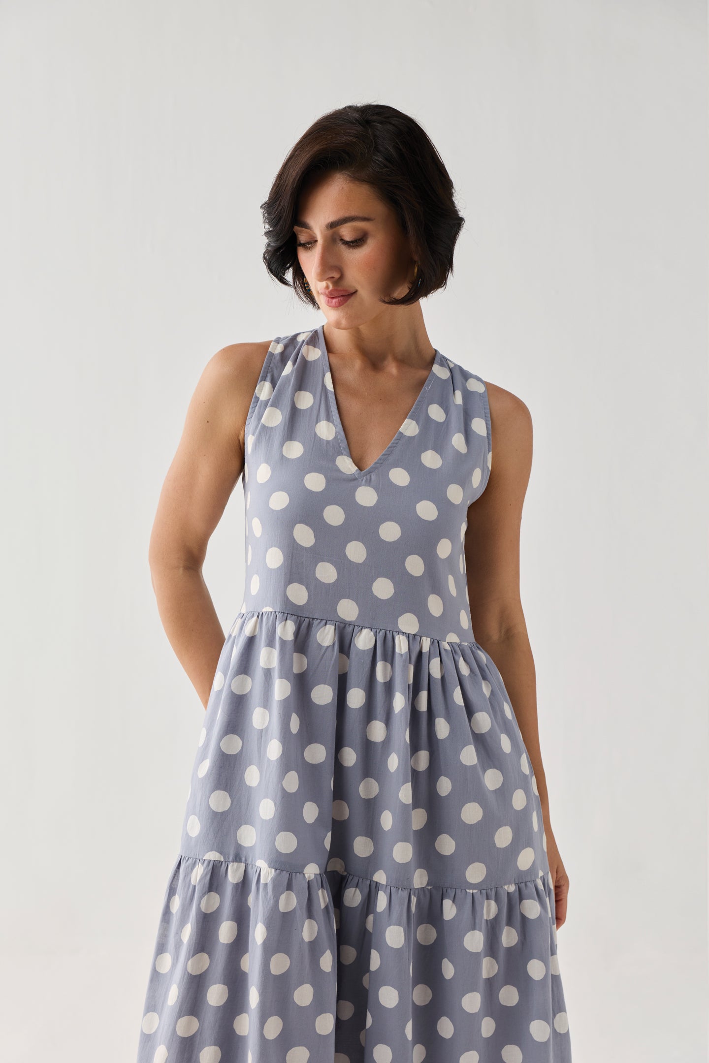 Tiered Midi Dress in Blue Polka