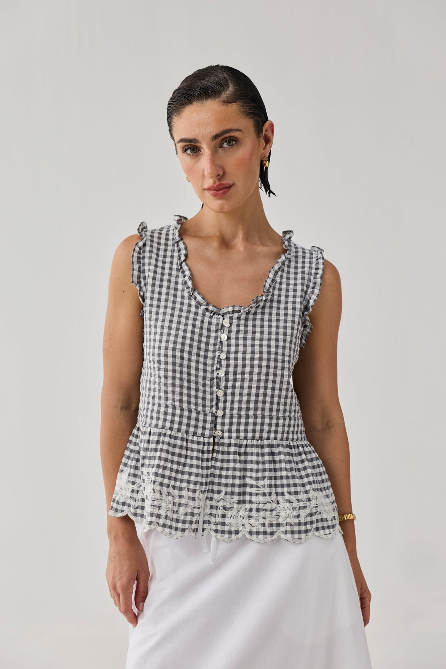 Embroidered Peplum Top in Grey Check