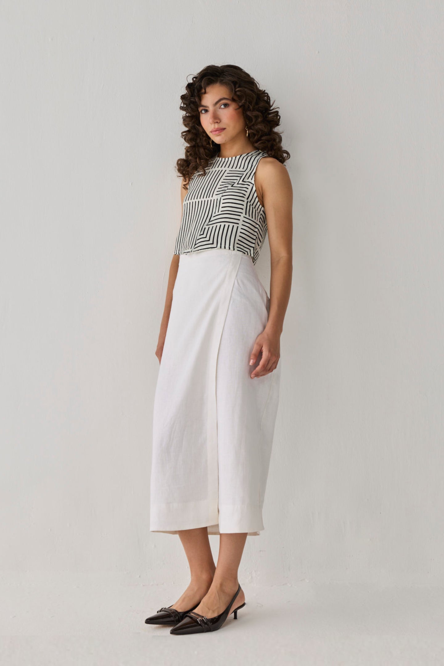 Fitted Overlap Midi Skirt in Off - white