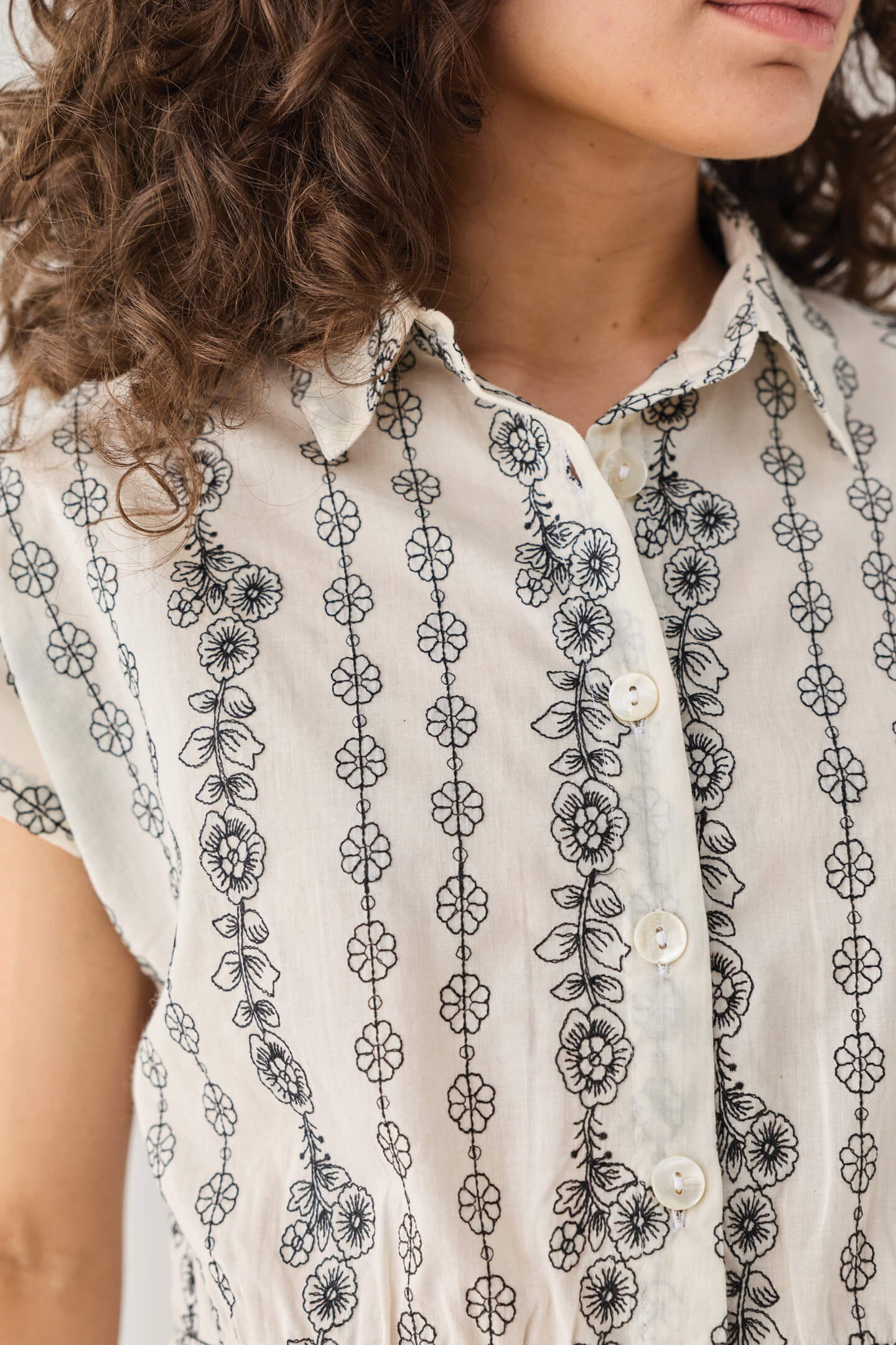 Oversized Crop Shirt with Floral Embroidery