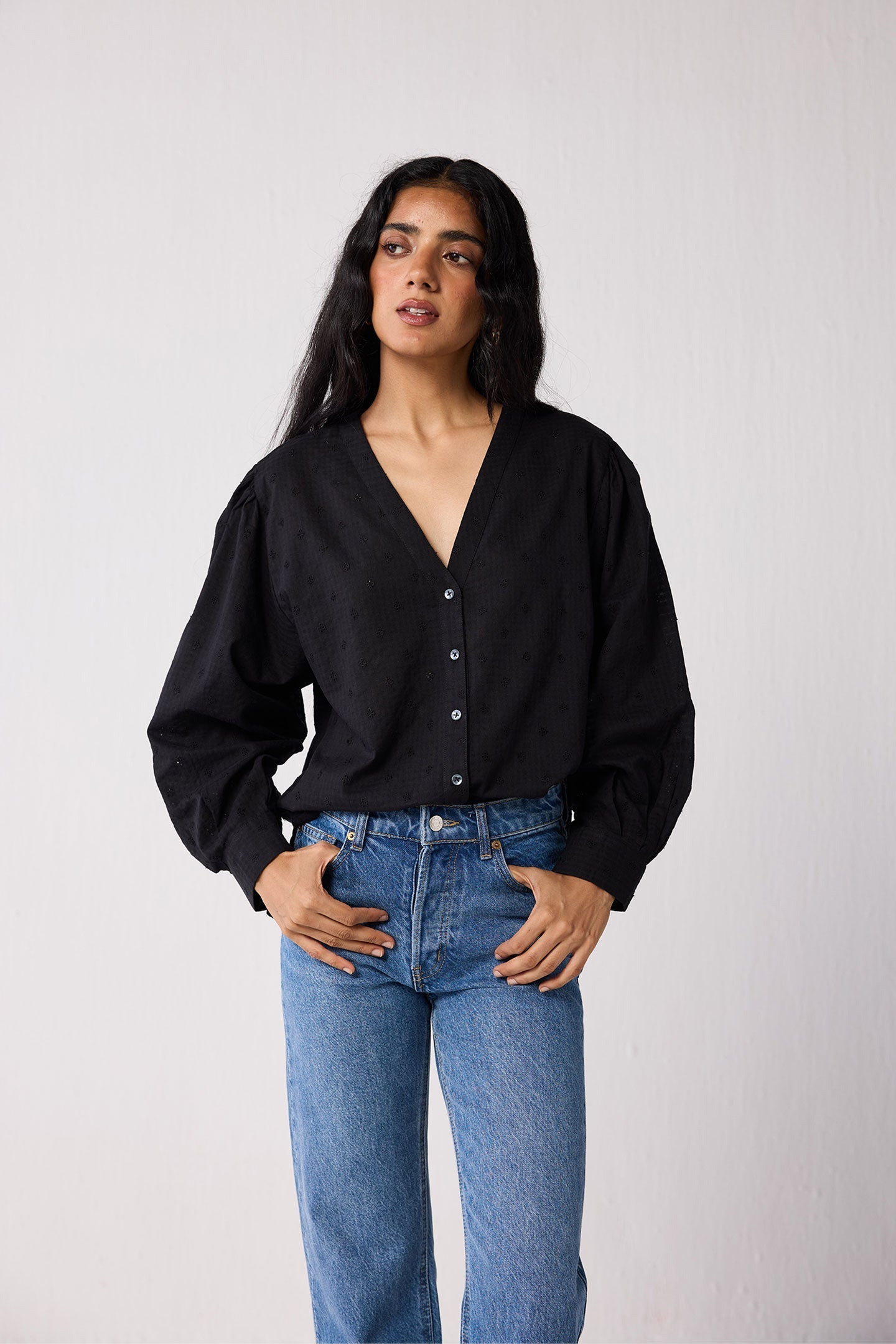 Embroidered Shirt with Long Balloon Sleeves in Black