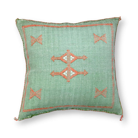 Green Sabra Cactus Silk Kilim Pillow Cover | Handwoven Moroccan Home Decor