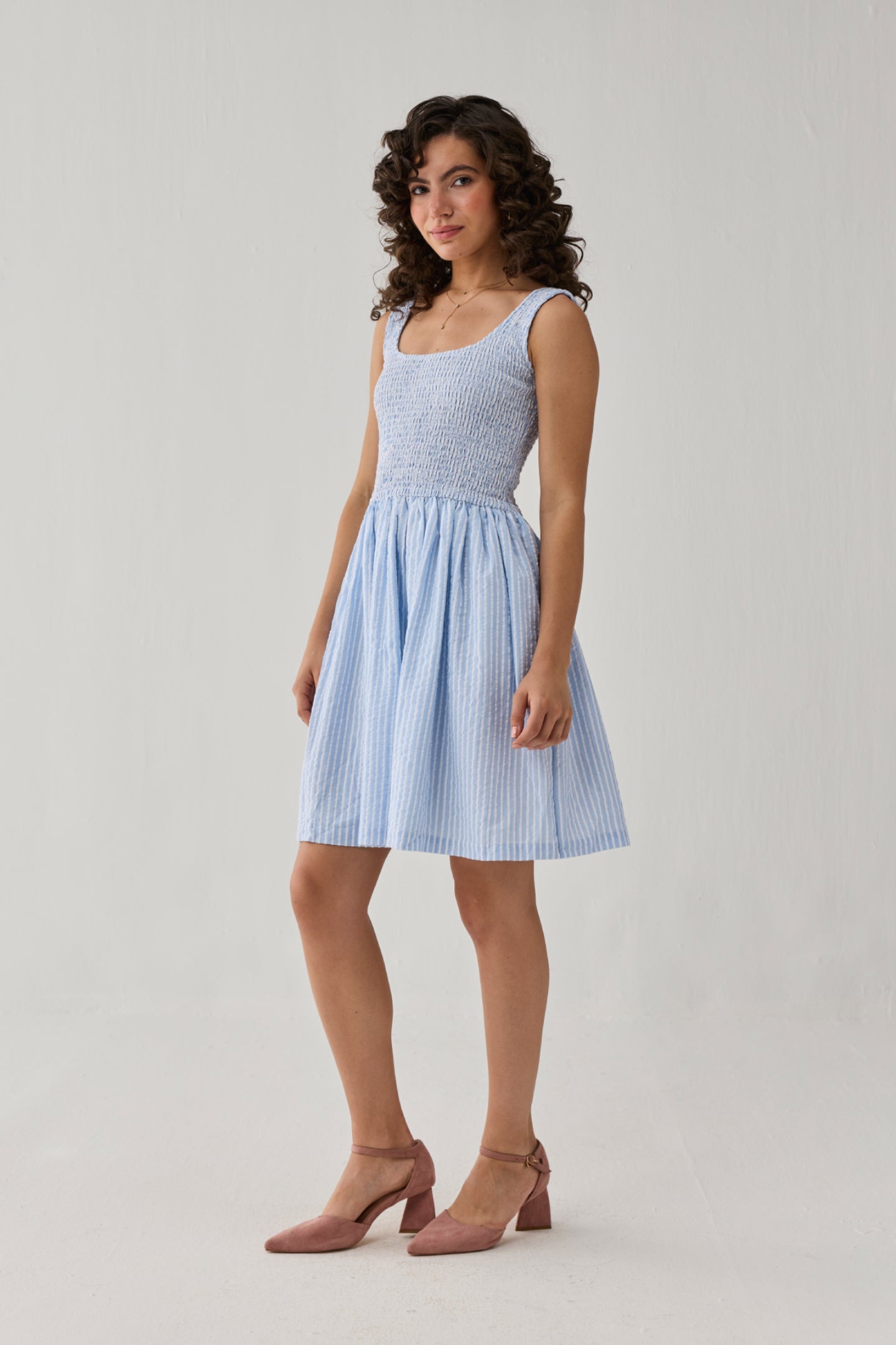 Smocked Short Dress in Blue Stripes