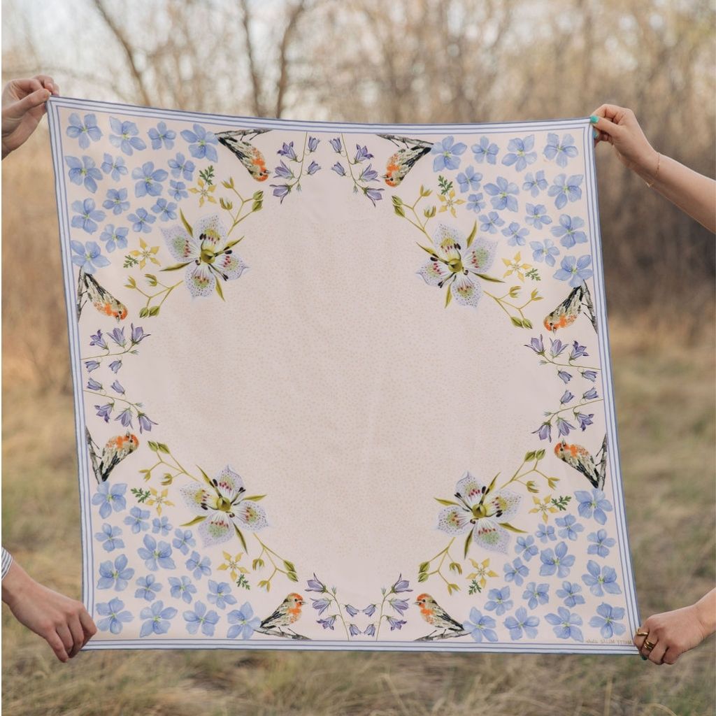100% Silk Scarf: Pink Gentian - Wildflower Bird Design