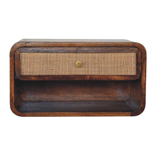 Solid Wood Chestnut Wall-Mounted Open Woven Bedside Table