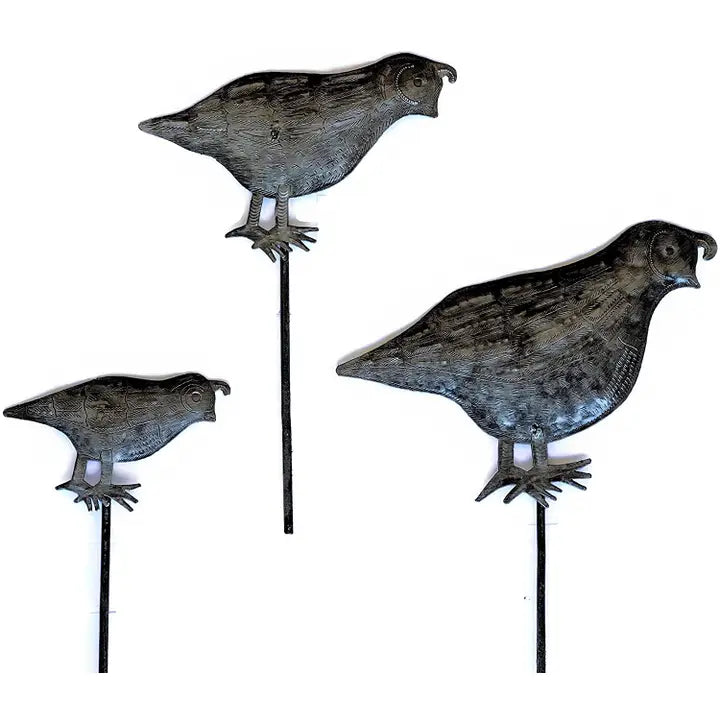 Set/3 Quail Garden Stakes, Yard Art, Handmade Fair-trade