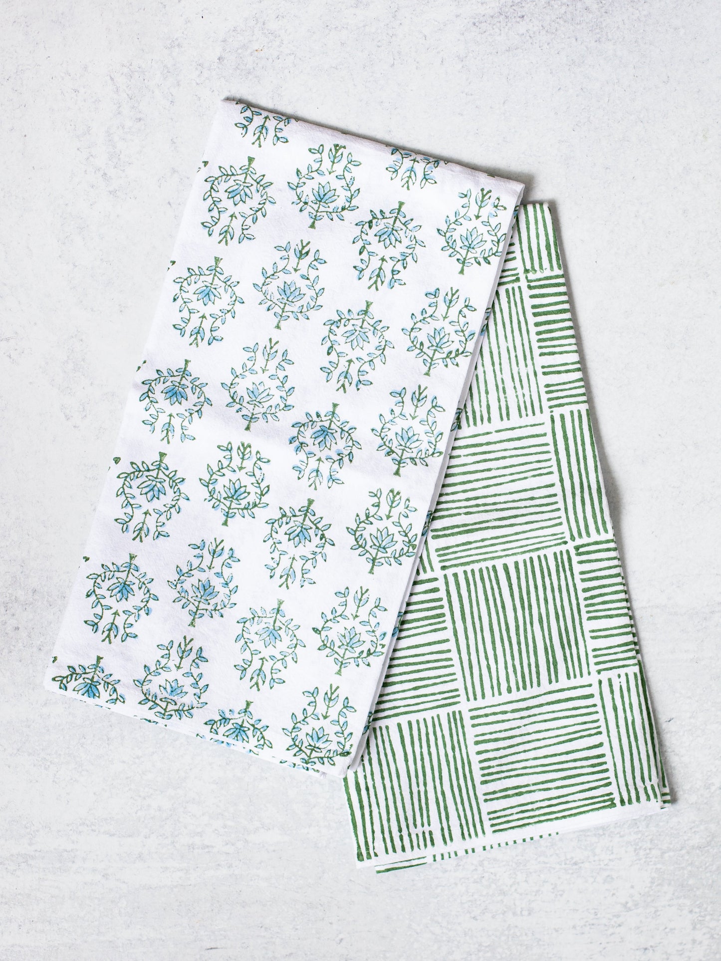 S/2 Tea Towel Set - Lotus & Stripe, Sage