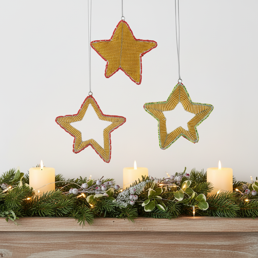 Handmade Beaded Star Ornament – Haitian Artisan Holiday Décor-Festive Christmas. (Set of 3, Asst)