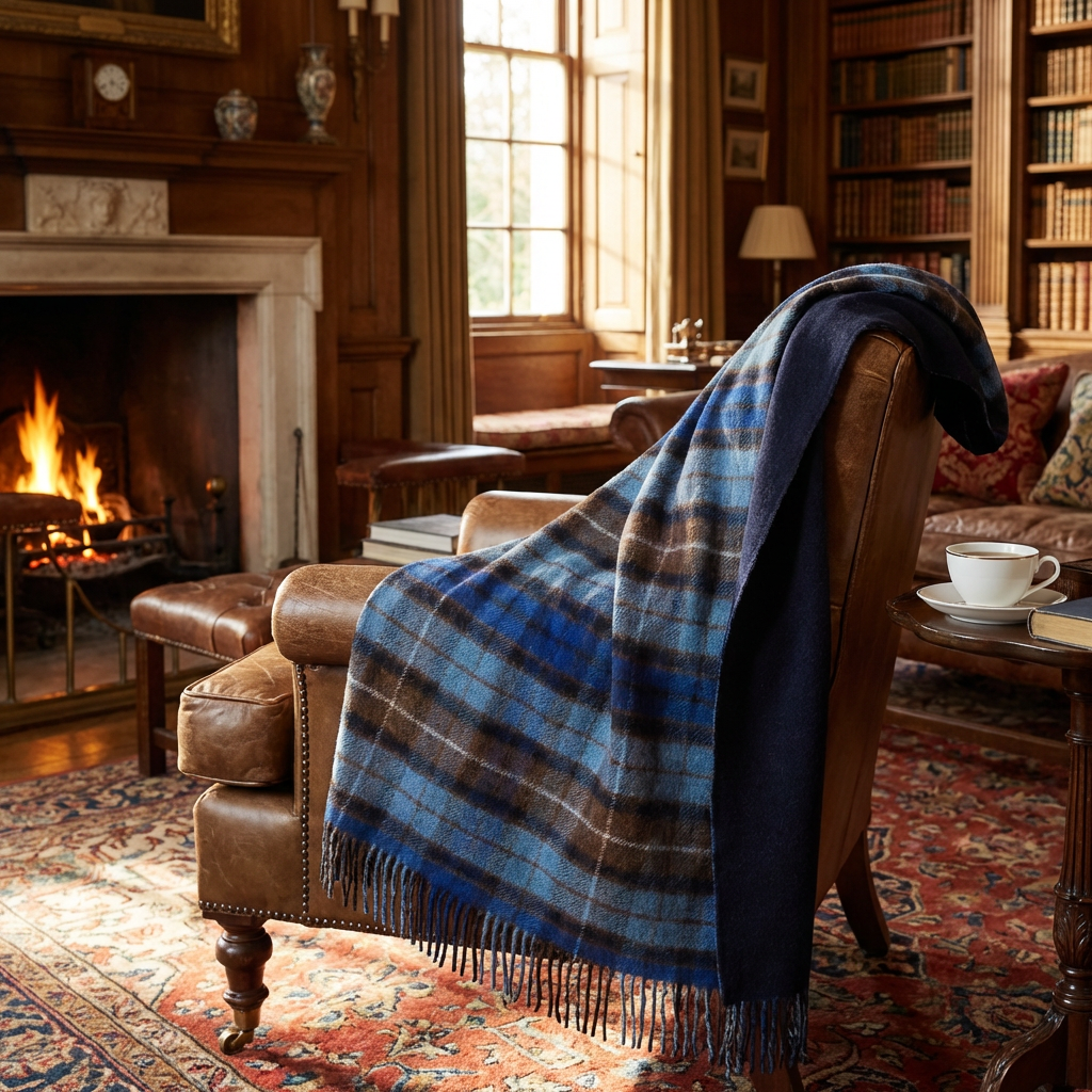 Highland Tweeds Double Cloth Reversible Throw - Blue Buchanan