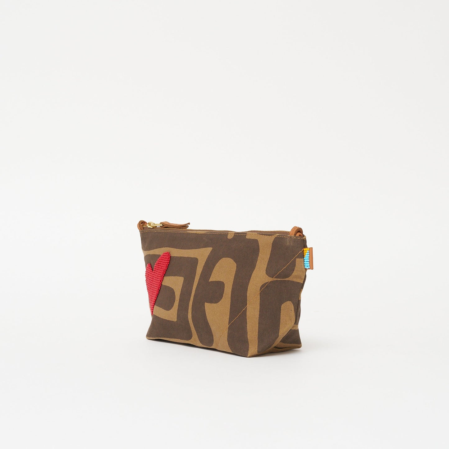 Large Convertible Pouch - Mocha Kuba with Red Beaded Heart with Medium Leather Strap