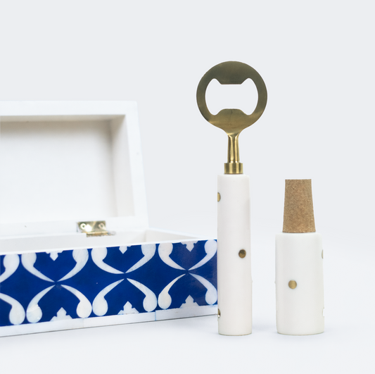 S/2 Lattice Bar Accessories Gift Set, Wooden Box with Bottle Opener & Stopper