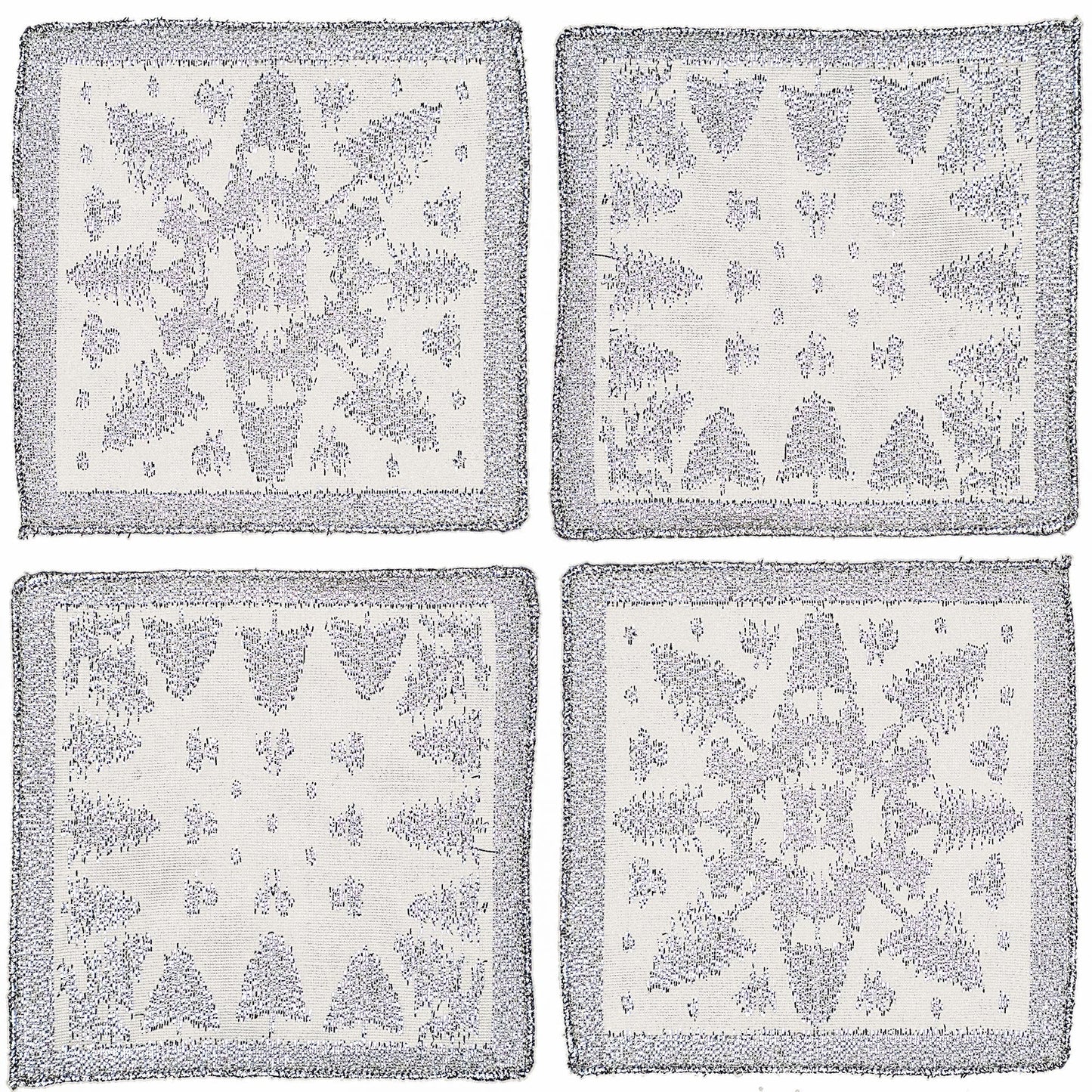 S/4 Scottish White Leno Gauze Cocktail Napkins - Silver Lurex