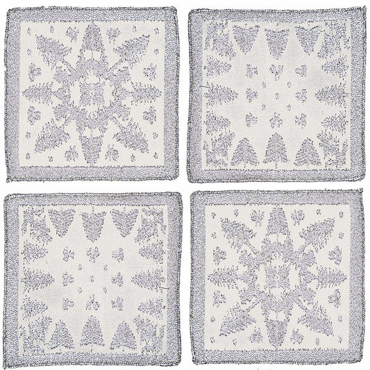 S/4 Scottish White Leno Gauze Cocktail Napkins - Silver Lurex