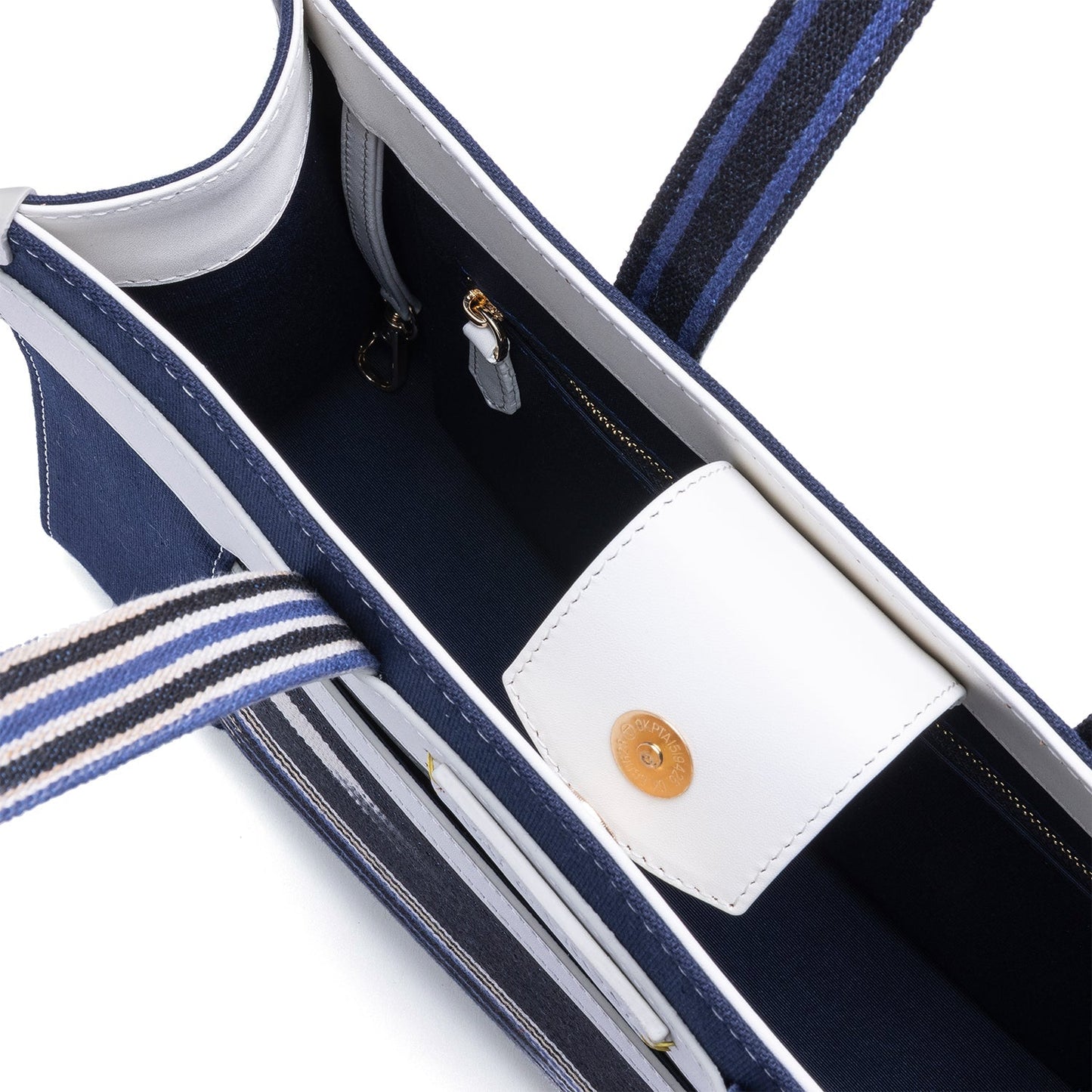 Midi Navy Leather & Canvas Tote Bag with Pockets
