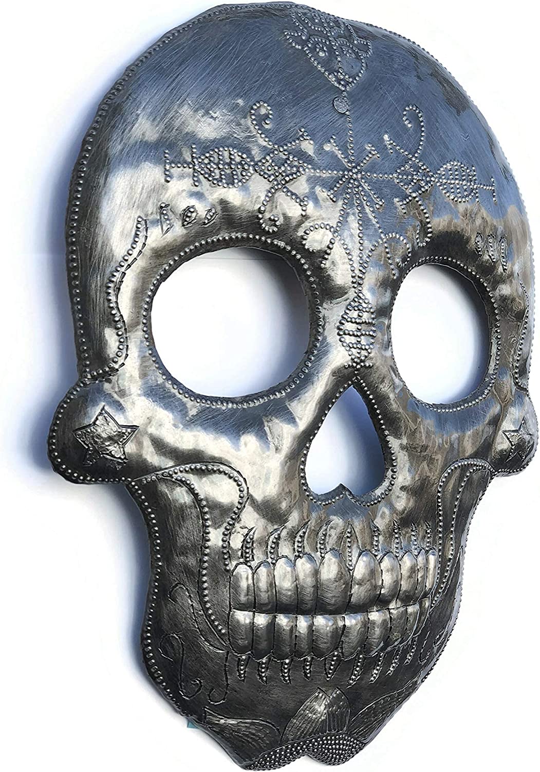 Veve Bossou Skull Metal Wall Hanging Sculpture, Day of the Dead Skull Skeleton Artwork, Handmade in Haiti, Recycled Metal 7.6" x 9.75"
