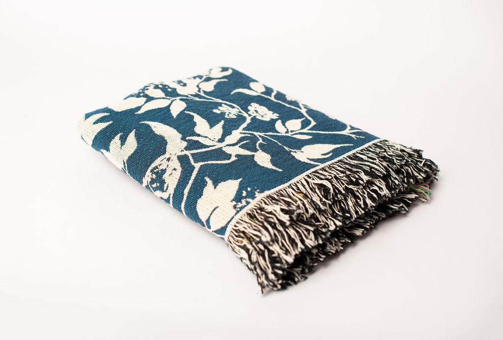 Teal Bird and Botanical Jacquard Woven Throw