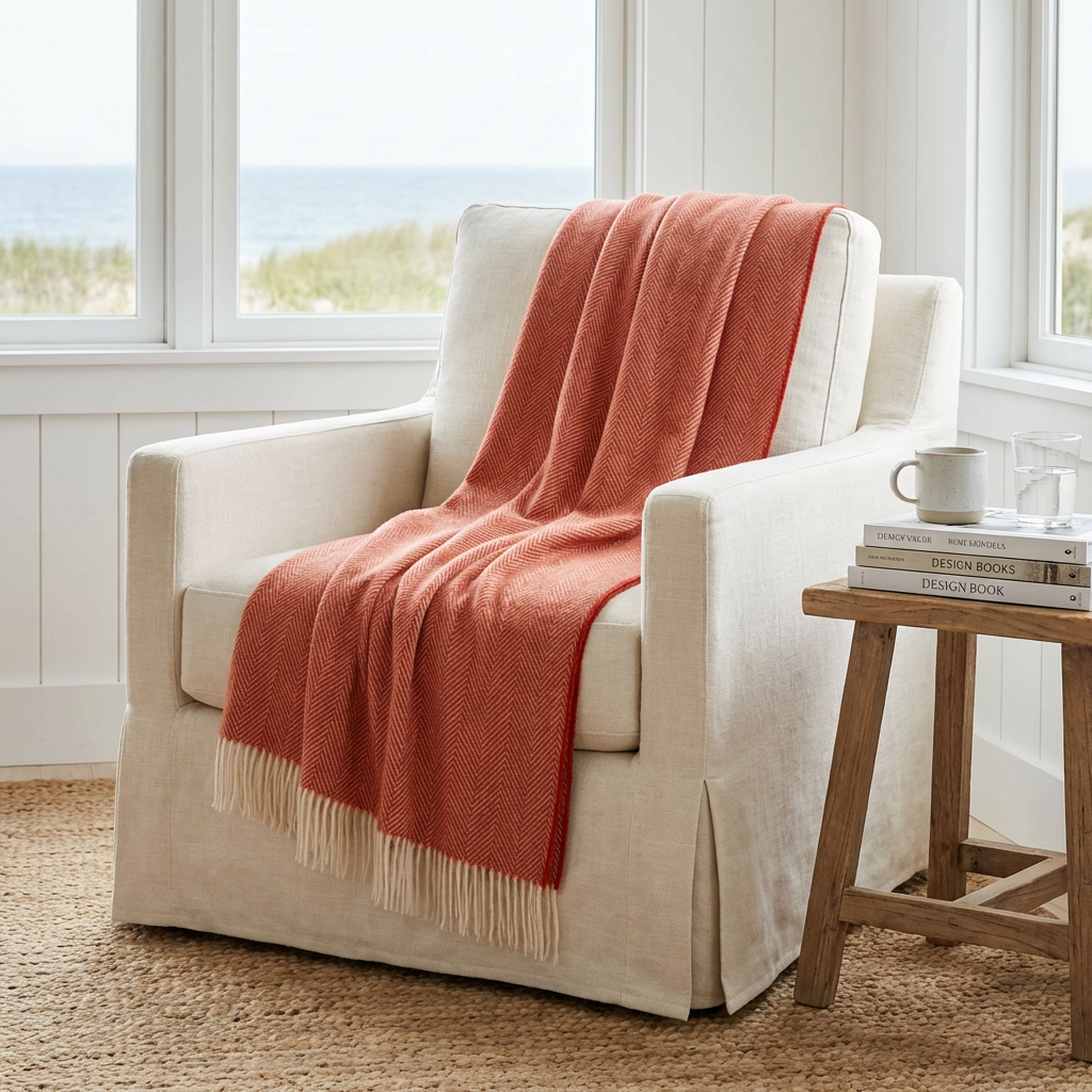Southampton Home Merino Wool Herringbone Throw - Melon