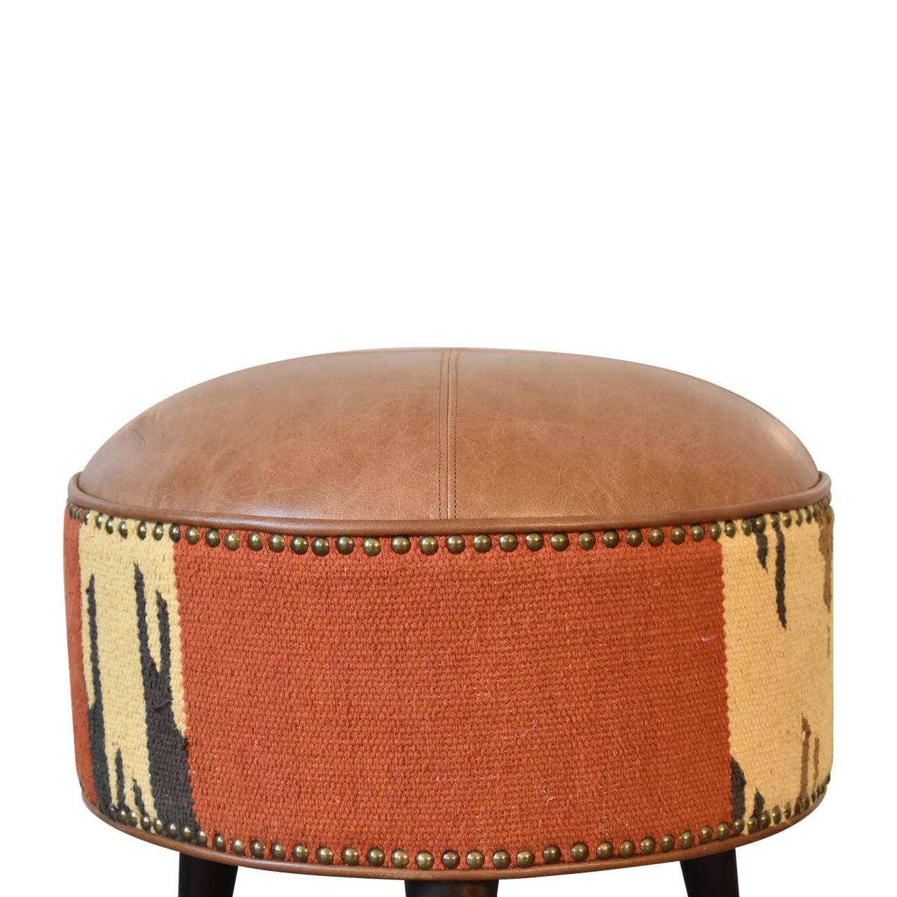 Solid Wood Durrie & Leather Mixed Footstool