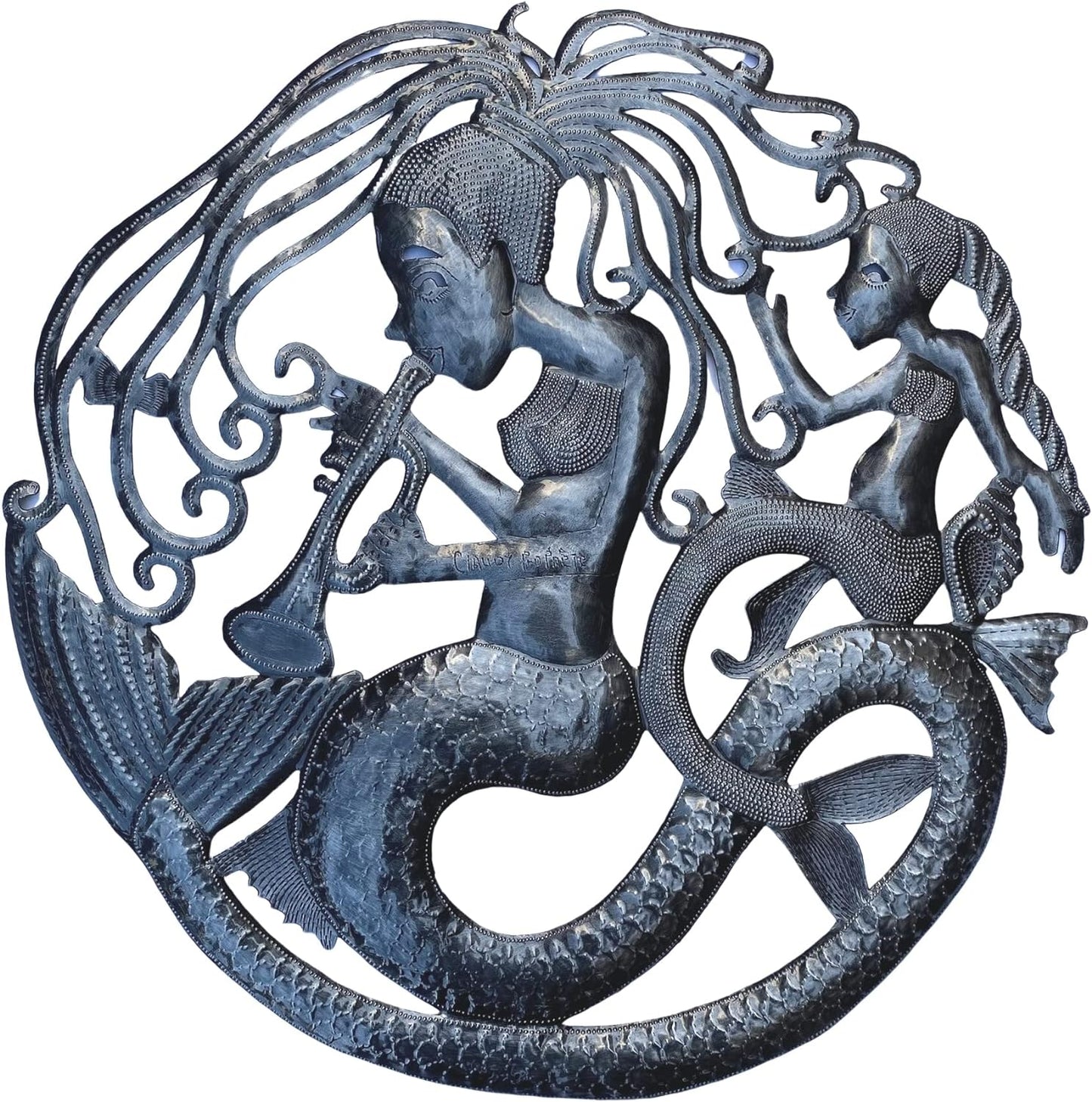 Mermaids Playing Music Wall Art, Under the Sea Home Decor, Handmade in Haiti, 23 Inches Round