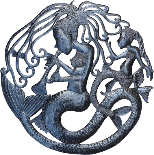 Mermaids Playing Music Wall Art, Under the Sea Home Decor, Handmade in Haiti, 23 Inches Round
