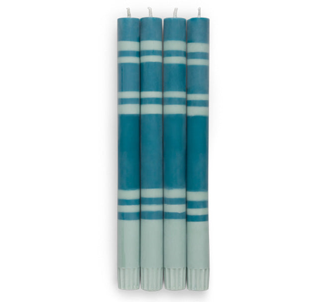 Striped Dinner Candles in Opaline Green and Petrol Blue