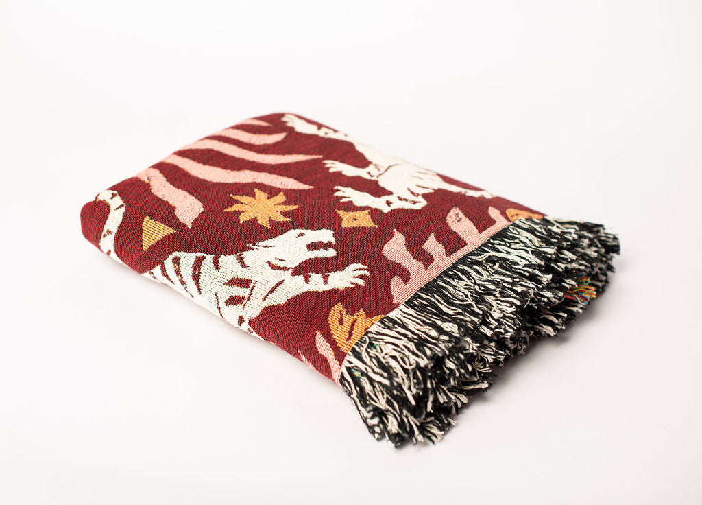 Red Tiger Folk Art Jacquard Woven Throw
