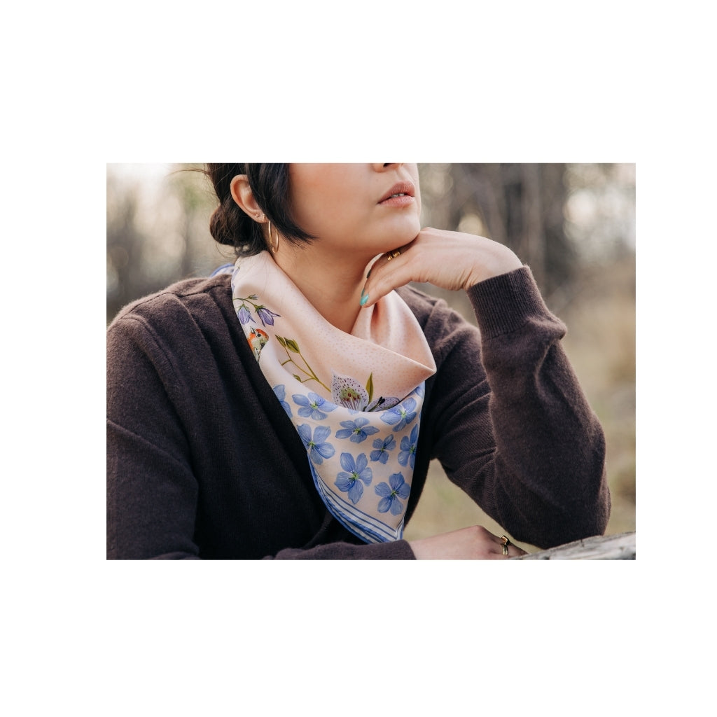 100% Silk Scarf: Pink Gentian - Wildflower Bird Design
