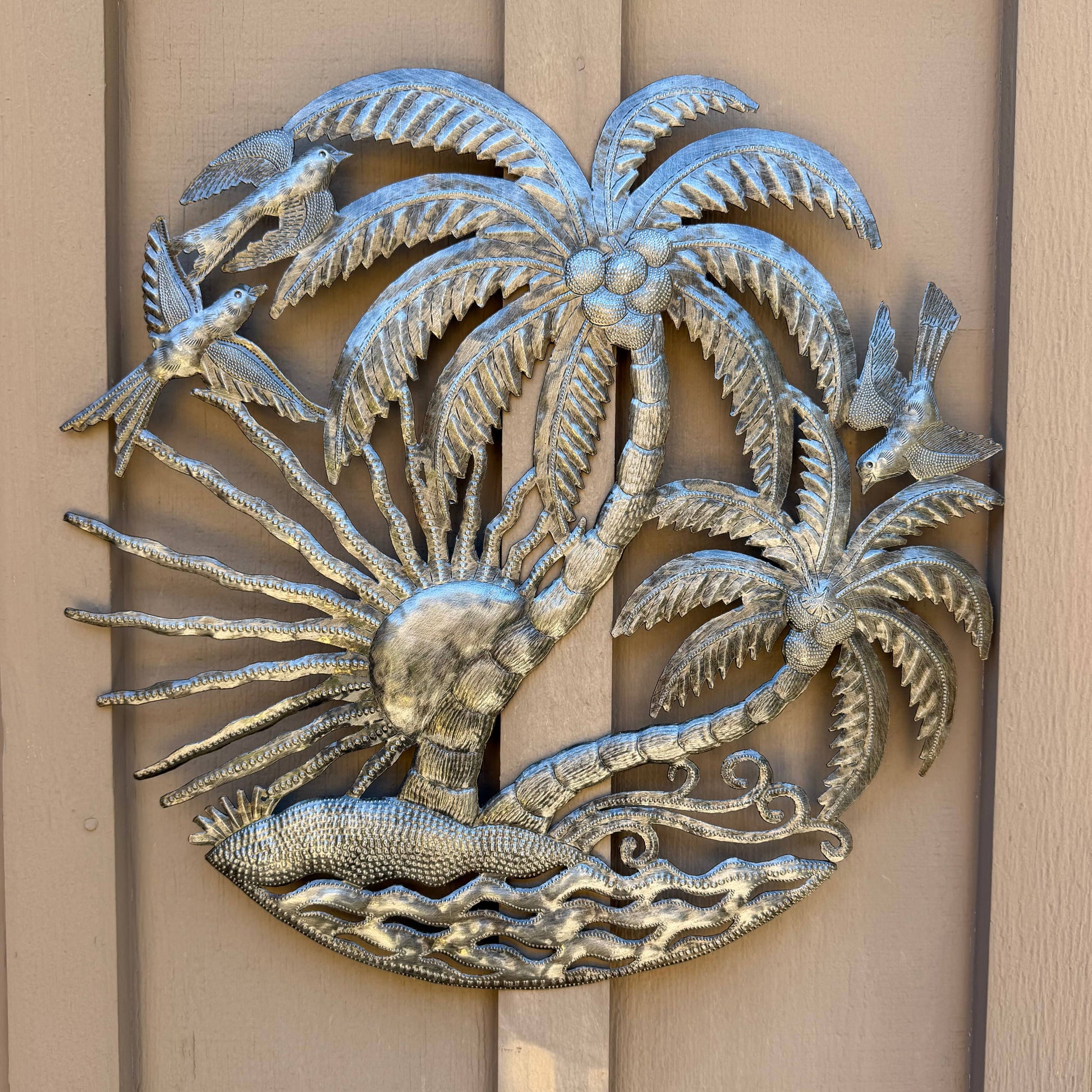Haitian Tropical Palm Tree Metal Art, Birds Sun Fair Trade
