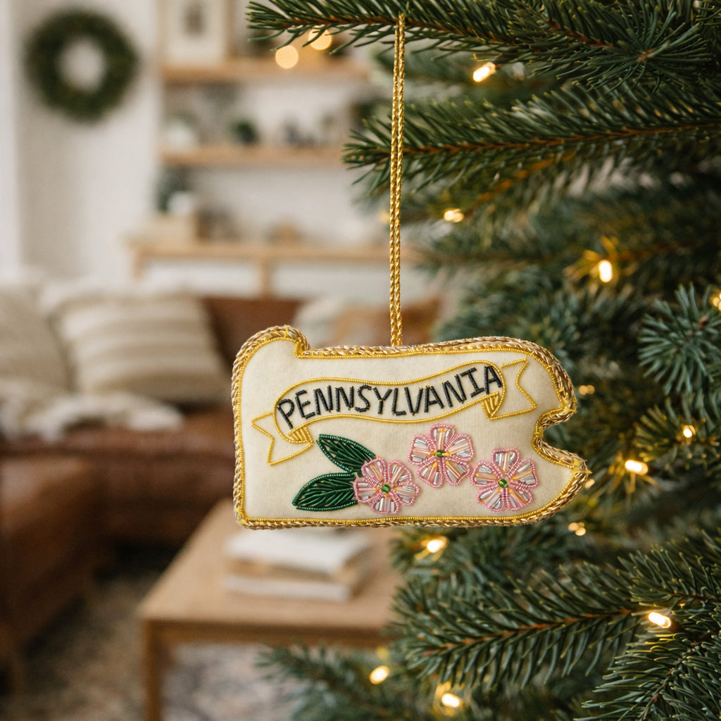 Pennsylvania State Mountain Laurel Beaded Fabric Ornament - Embroidered
