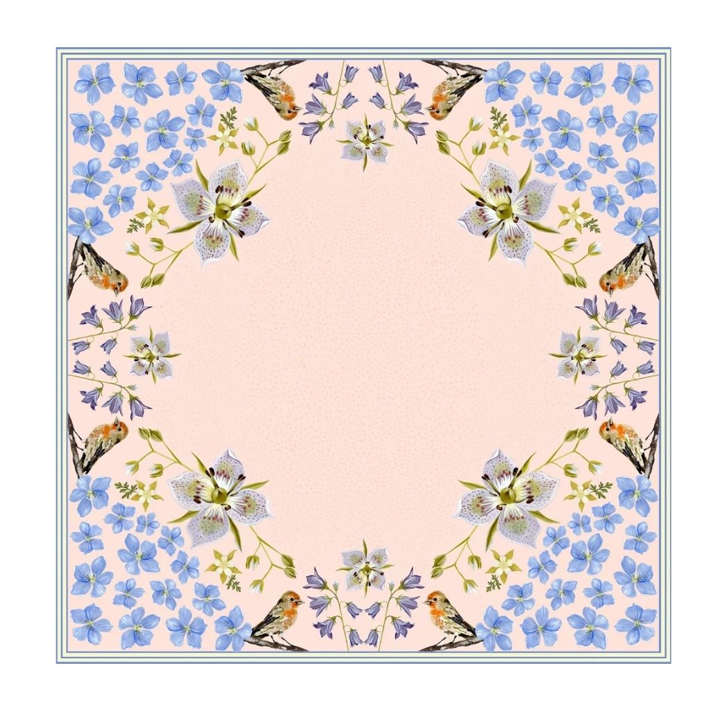 100% Silk Scarf: Pink Gentian - Wildflower Bird Design