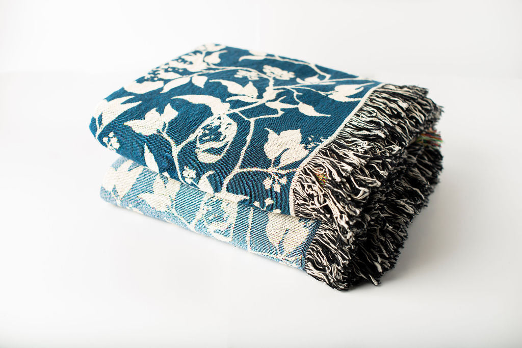 Blue Bird and Botanical Jacquard Woven Throw