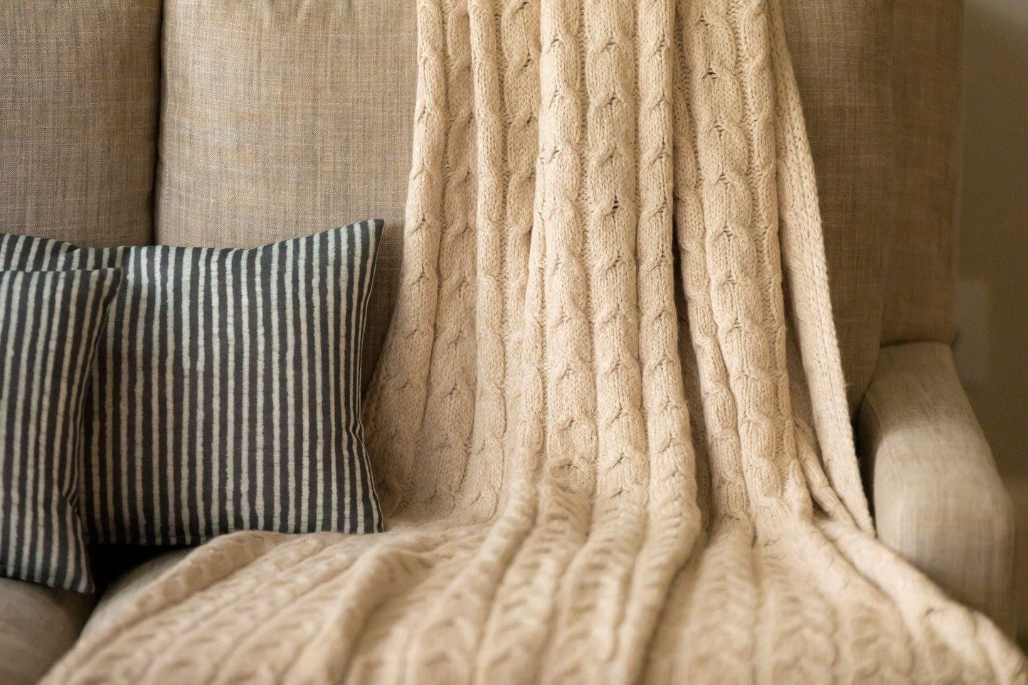 Muru Collection - Pima Cotton & Undyed Baby Alpaca Light Tan Cable Throw