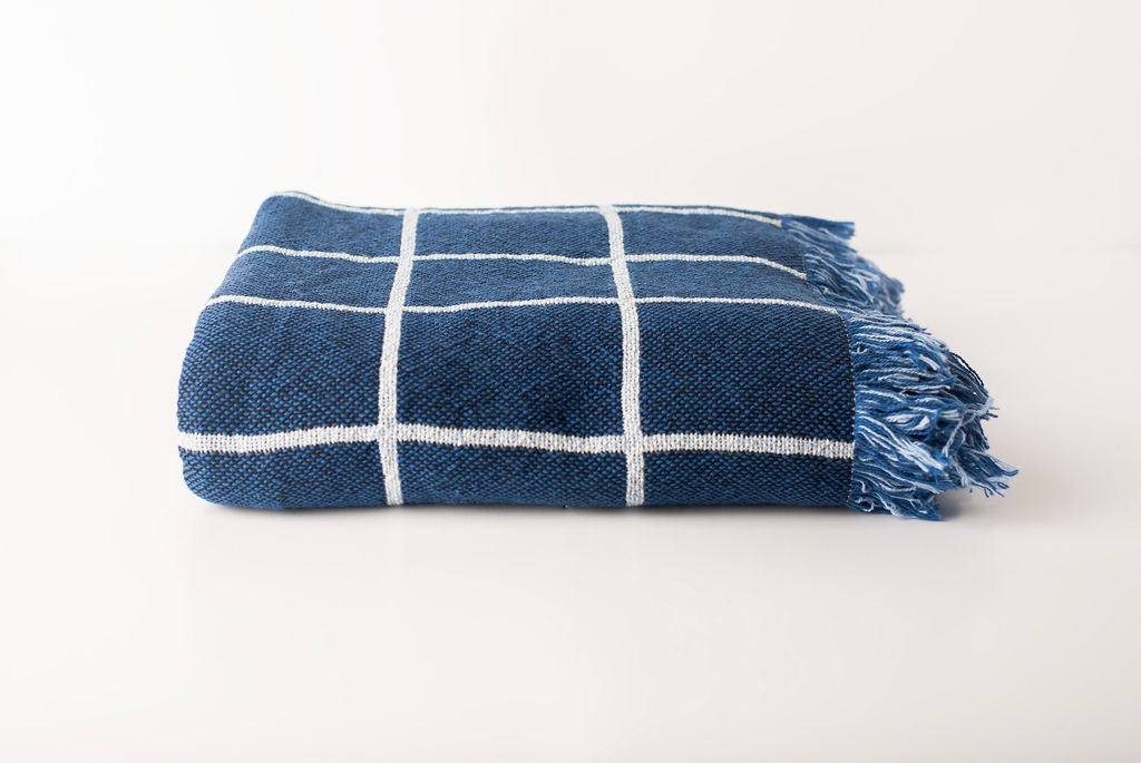 Blue Grid Jacquard Woven Throw