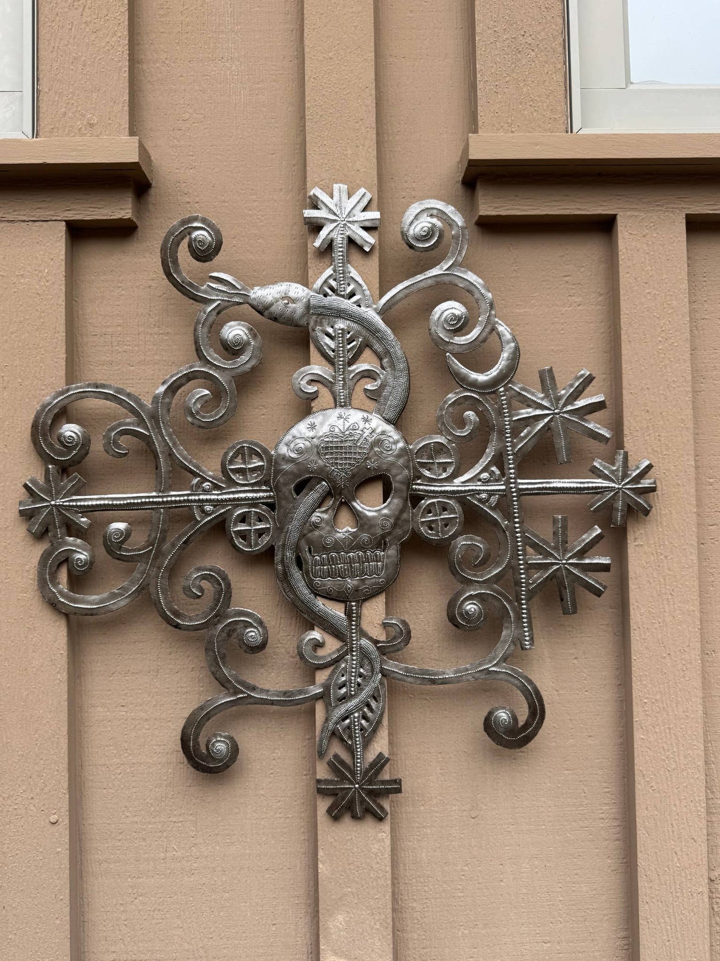 Skull Skeleton with Snake, Voodoo Haitian Metal Art