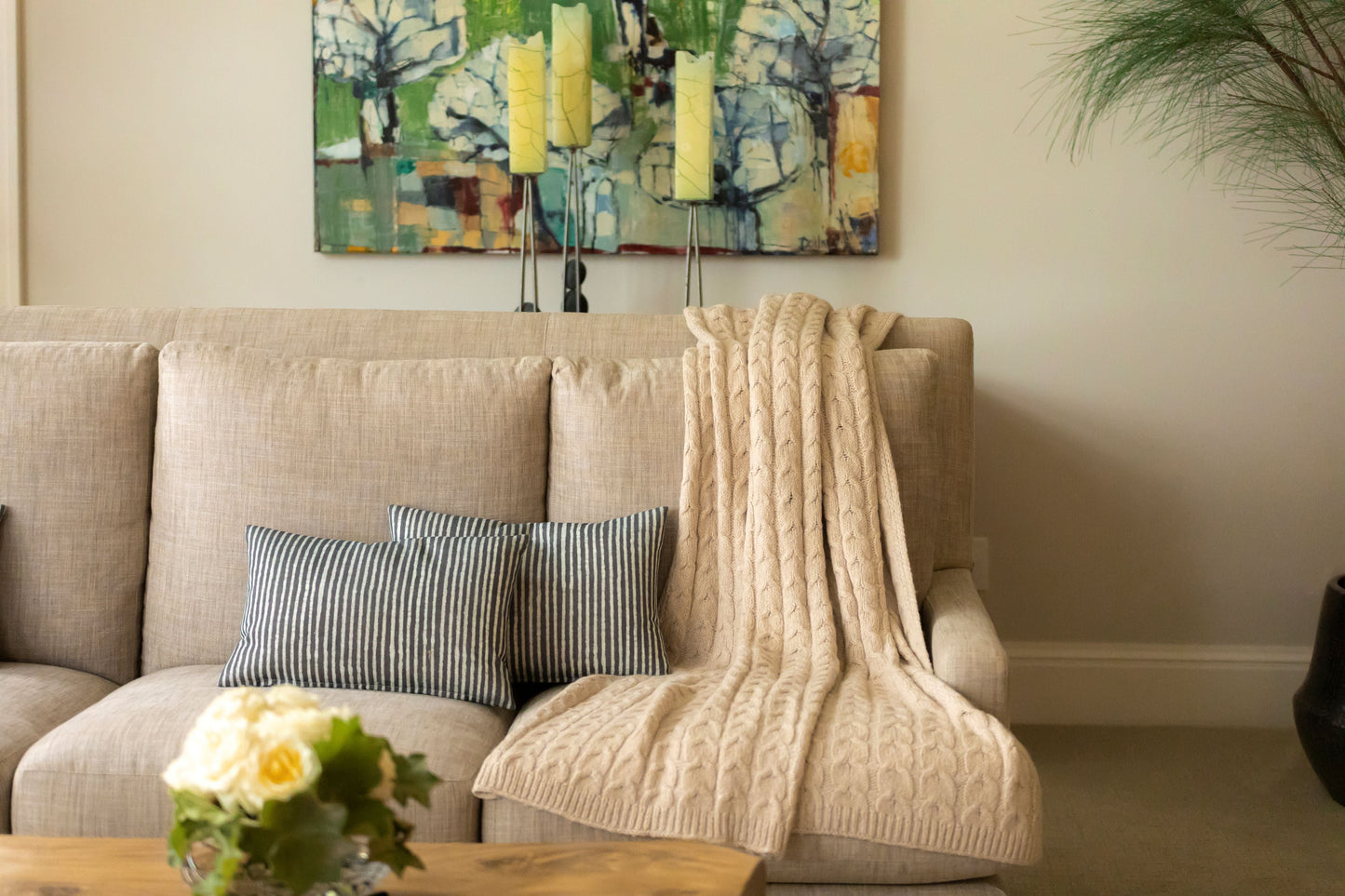 Muru Collection - Pima Cotton & Undyed Baby Alpaca Light Tan Cable Throw