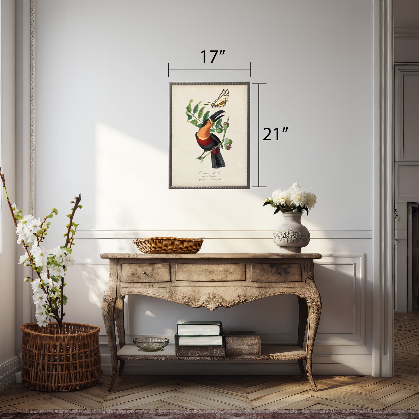 Toucan and Butterfly Print in Beaded Pewter Frame