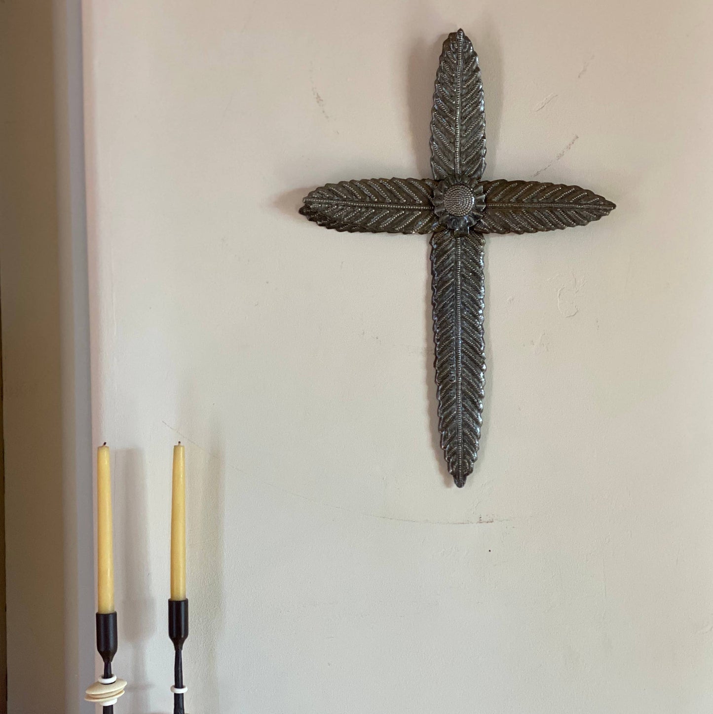 Handmade Haitian Metal Wall Cross 8x13 w/ Center Flower