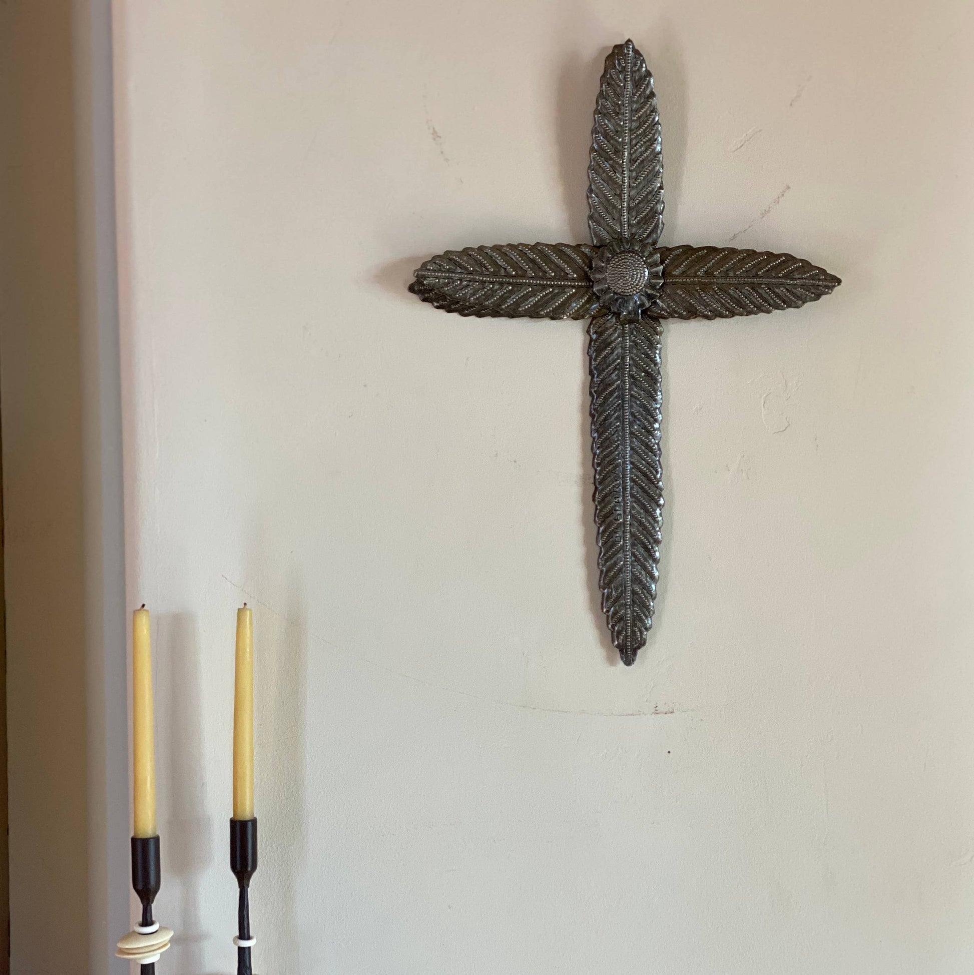 Handmade Haitian Metal Wall Cross 8x13 w/ Center Flower