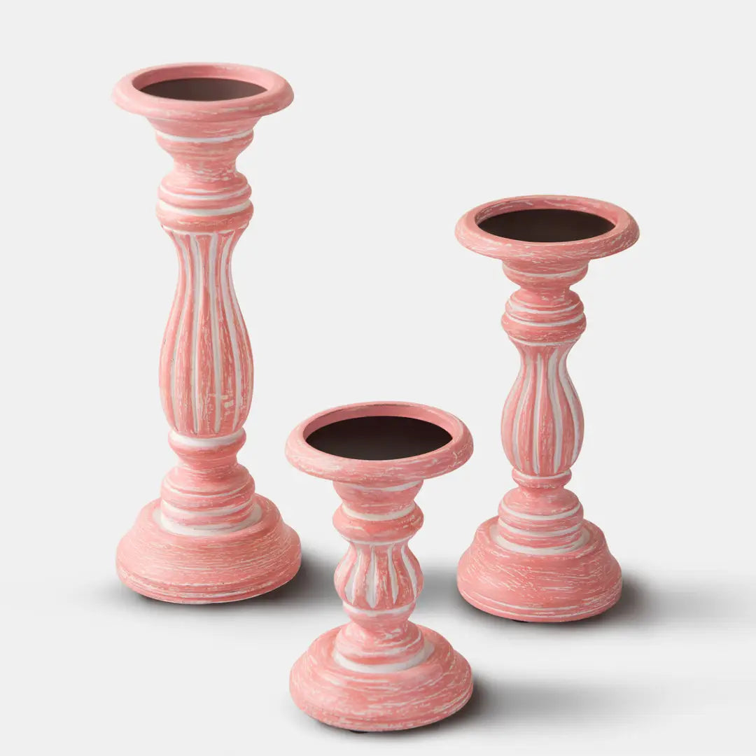 Rose Reverie Mango Wood Pillar Candleholders – Pink Set of 3