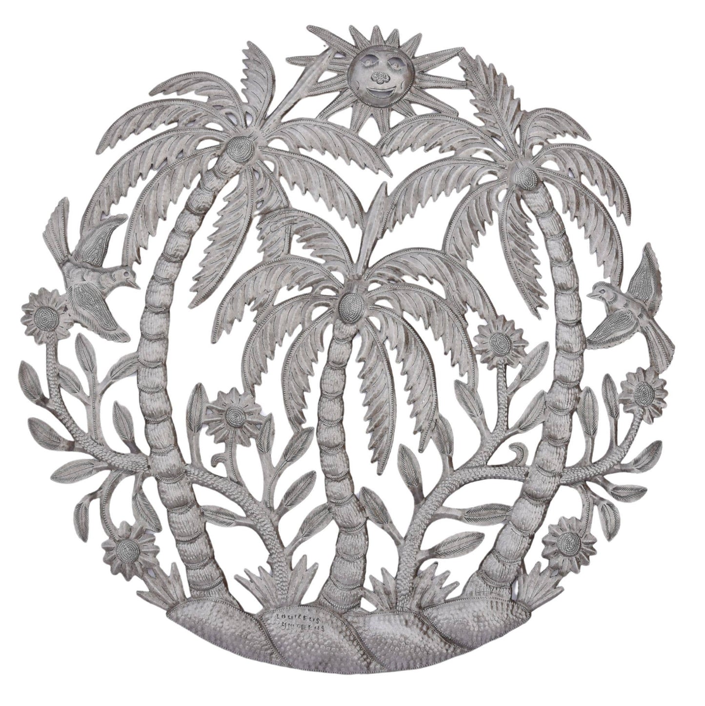 Haitian Metal Wall Art – Palms, Sun & Birds, Fair Trade 23"