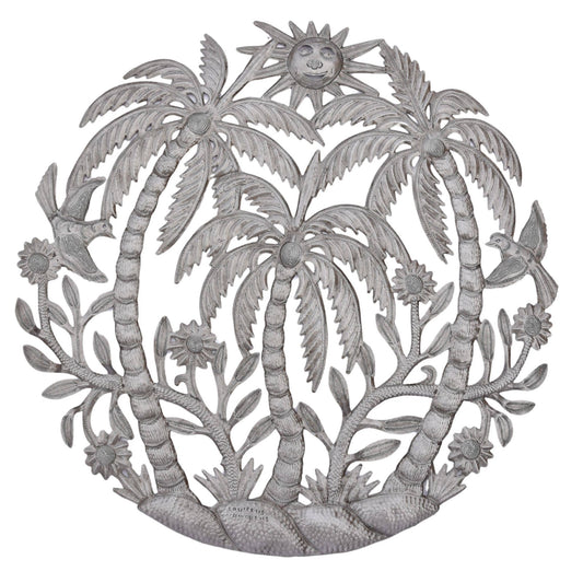 Haitian Metal Wall Art – Palms, Sun & Birds, Fair Trade 23"